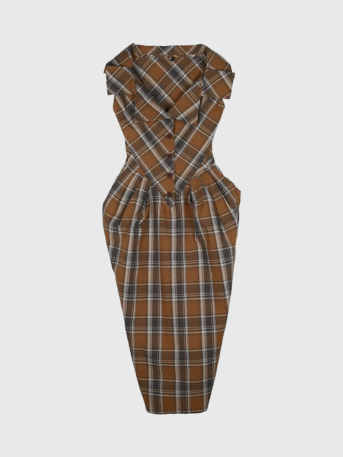 Dolled Office Plaid Puff Sleeve Midi Dress - Brown