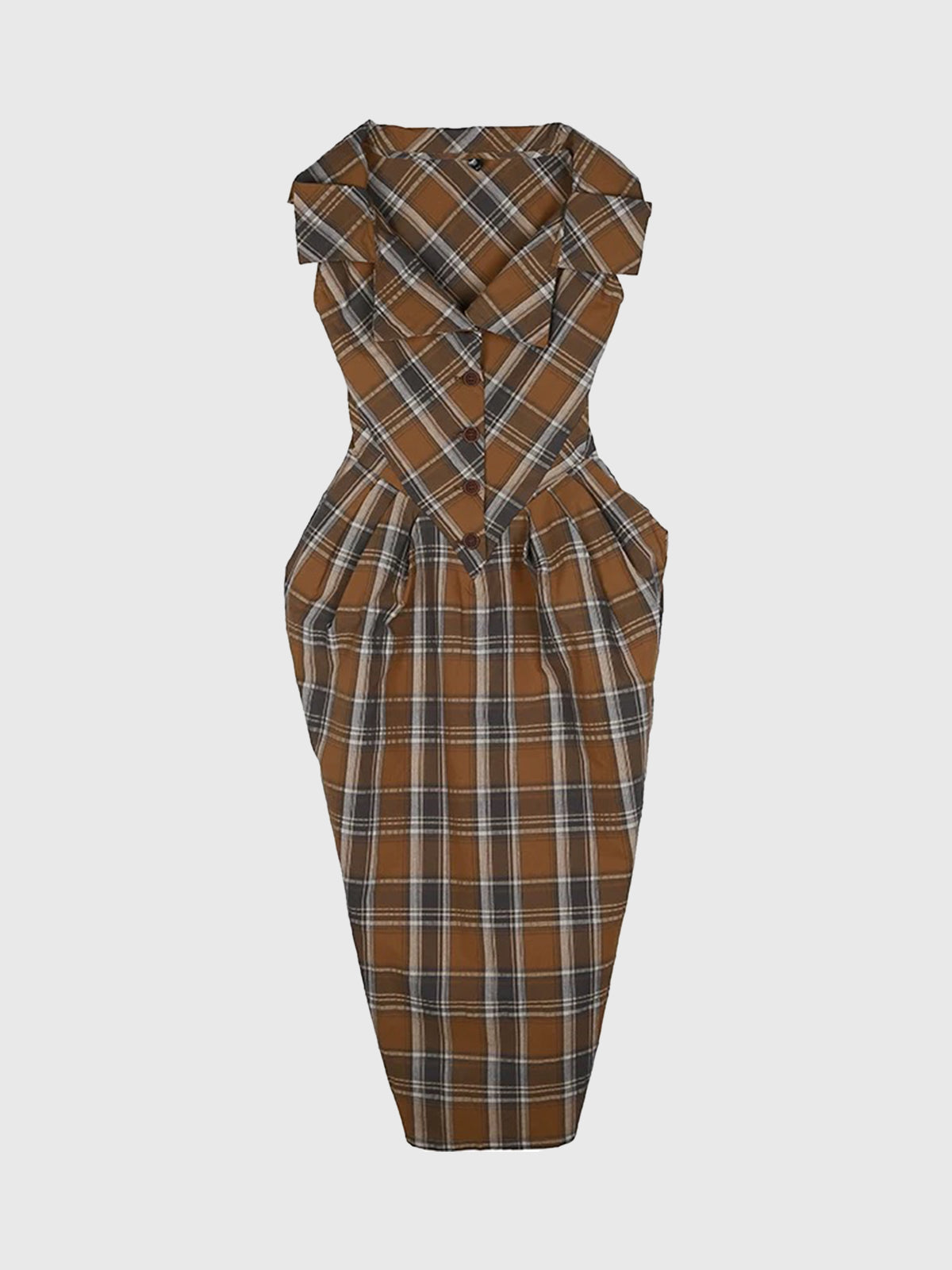 Dolled Office Plaid Puff Sleeve Midi Dress - Brown