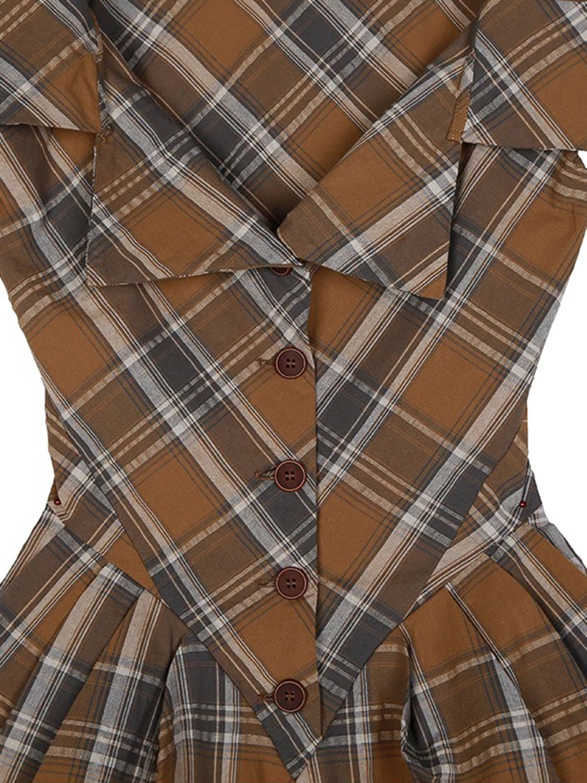 Dolled Office Plaid Puff Sleeve Midi Dress - Brown
