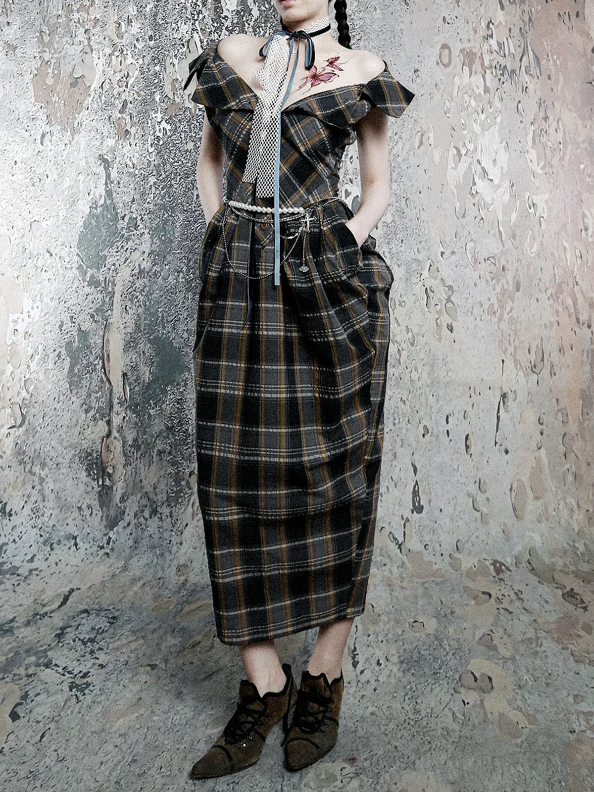 Brick Lane Plaid Halter Neck Pleated Dress - Dark Grey