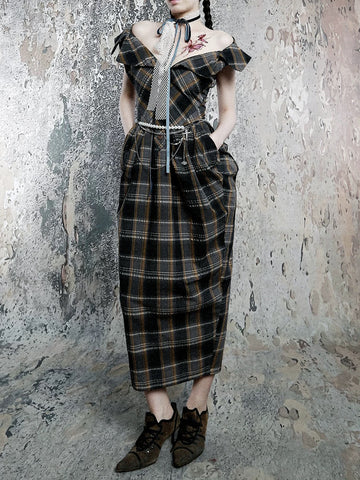 Brick Lane Plaid Halter Neck Pleated Dress - Dark Grey