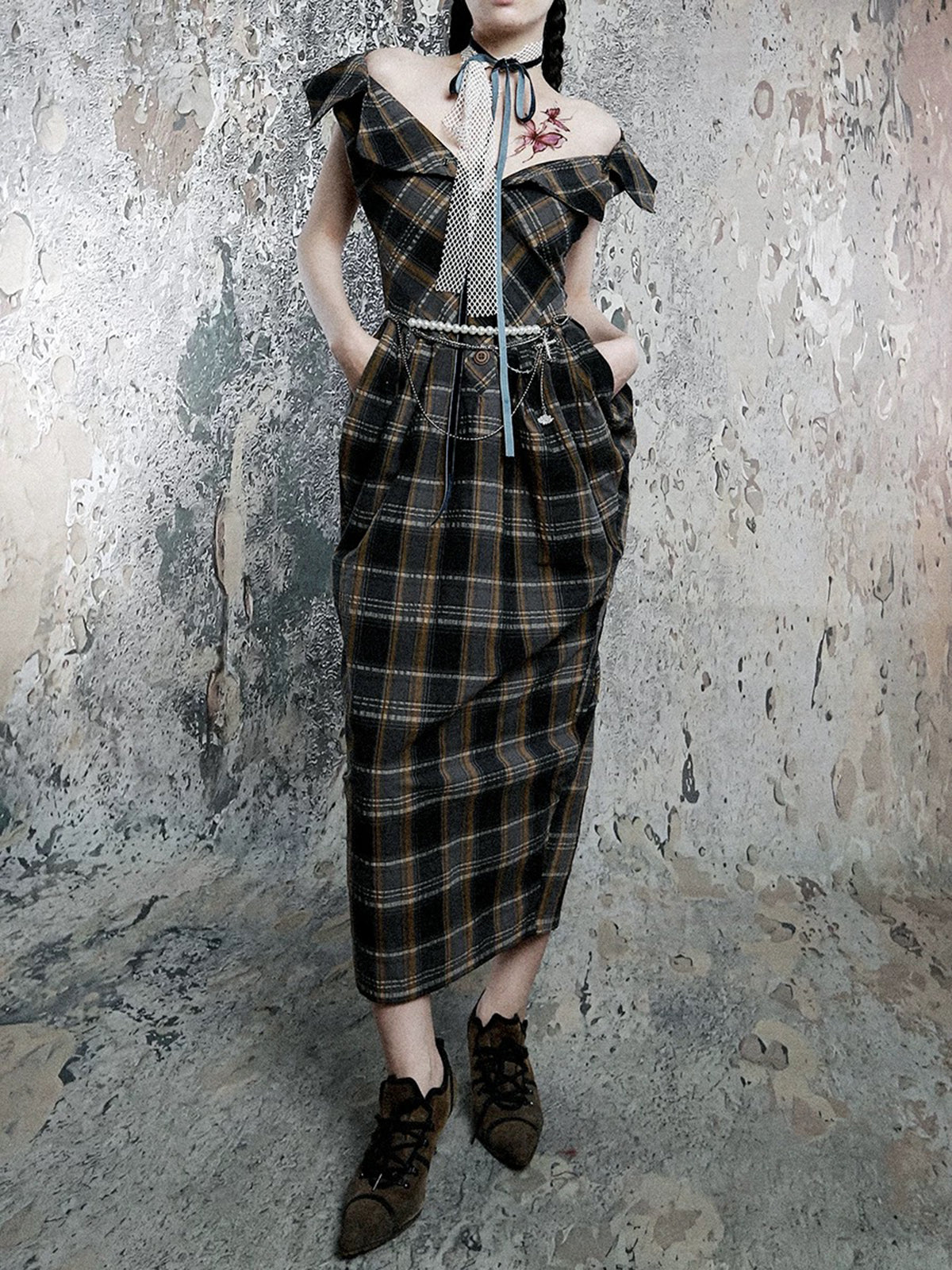 Brick Lane Plaid Halter Neck Pleated Dress - Dark Grey