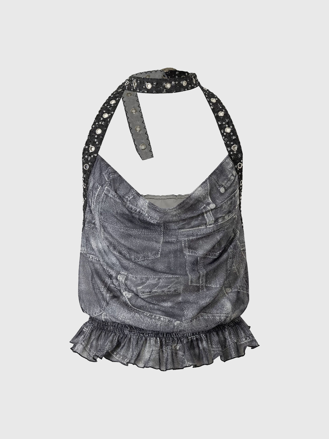 Dolled Office Vintage Print Halter Ruffle Cami - Grey
