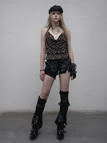 Dolled Office Plaid Halter Ruffle Cami - Leopard print