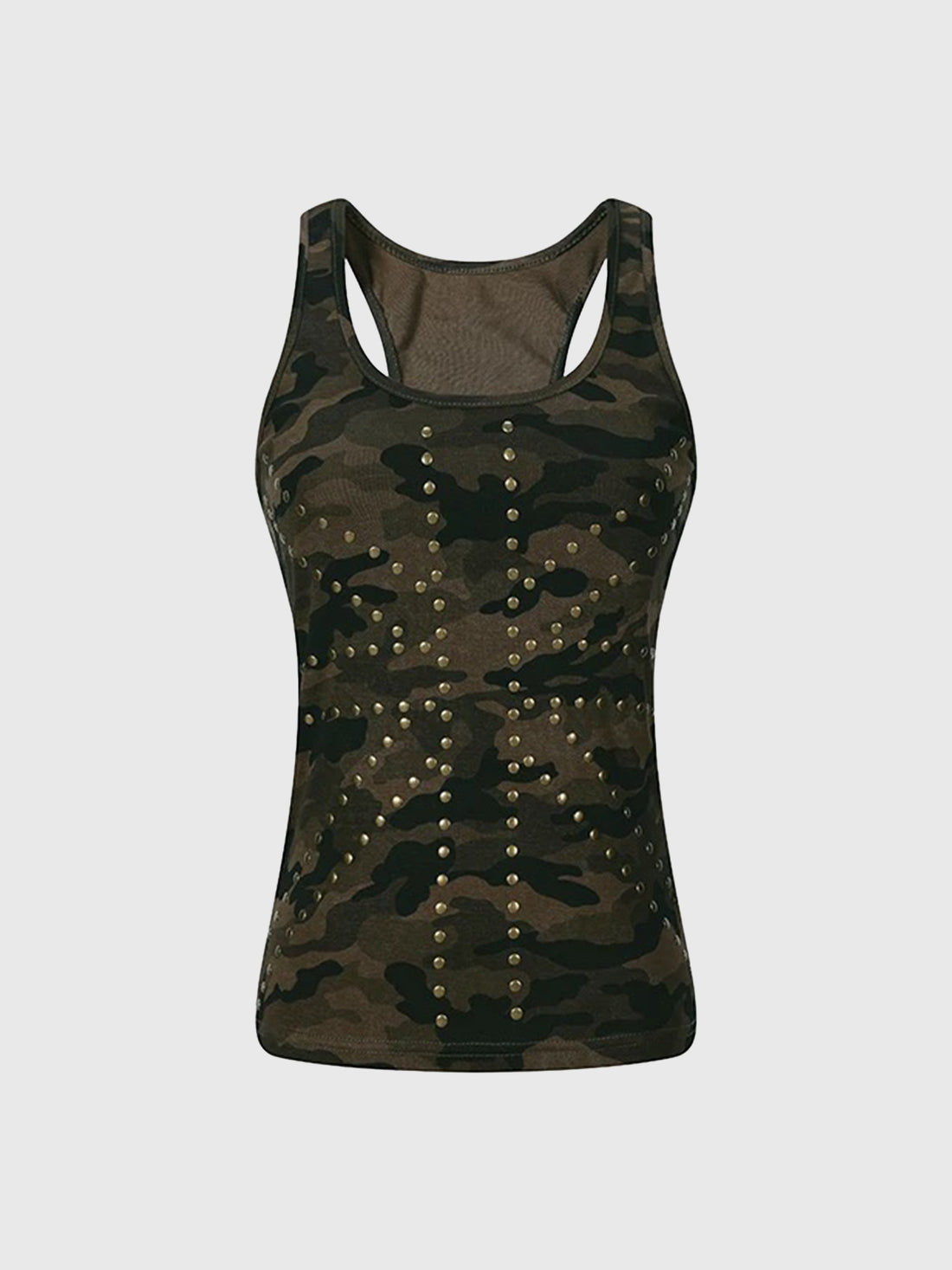 Brick Lane Studded Camo Print Racerback Tank - Moss