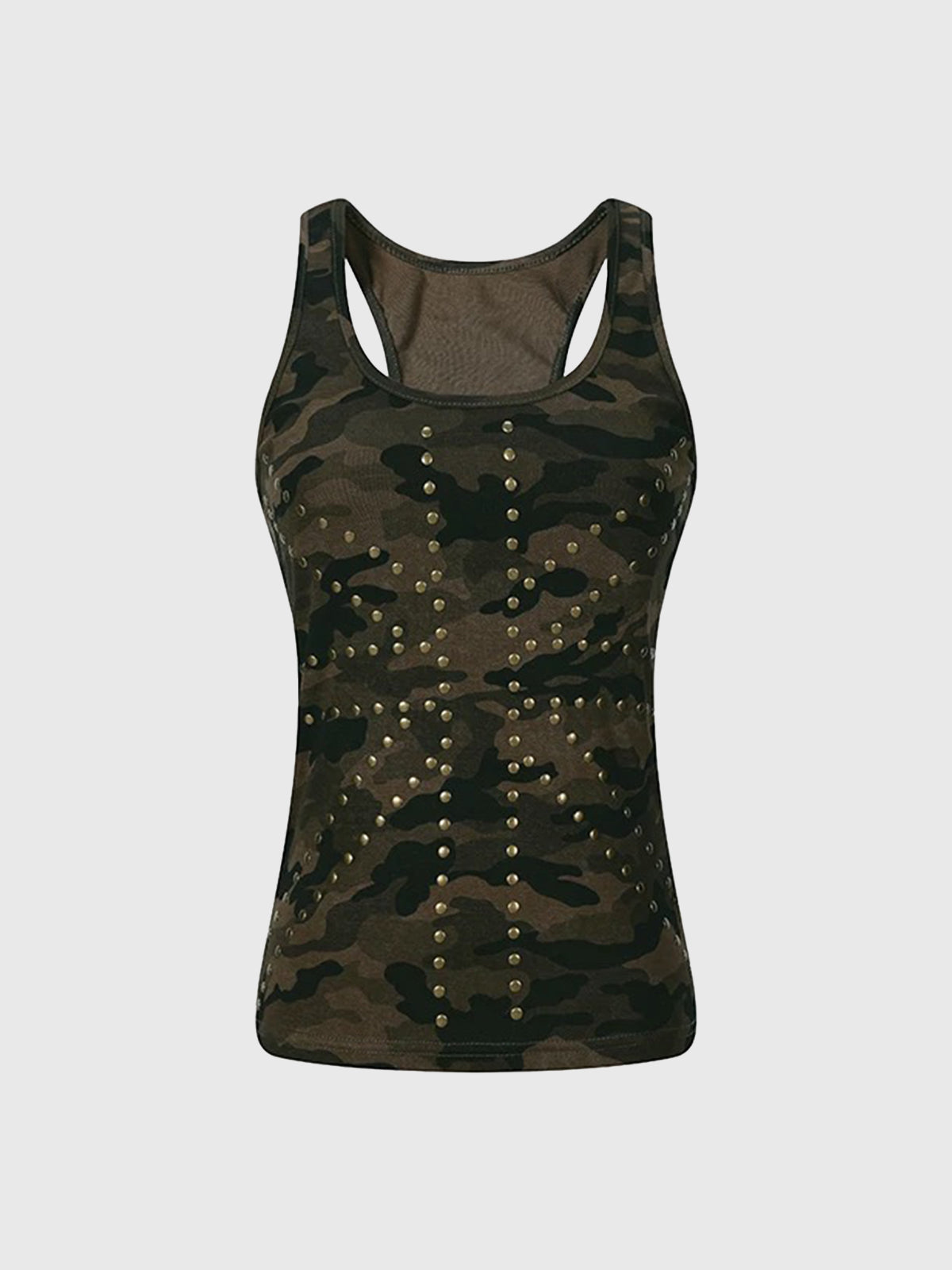 Brick Lane Studded Camo Print Racerback Tank - Moss