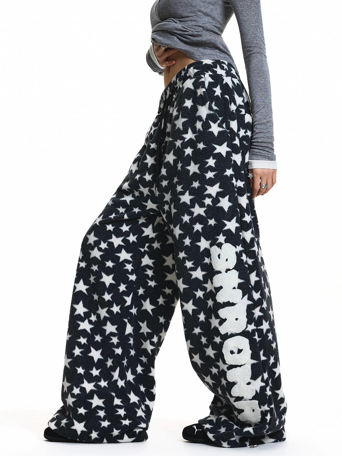 Brick Lane Star Print Wide Leg Sweatpants - Navy