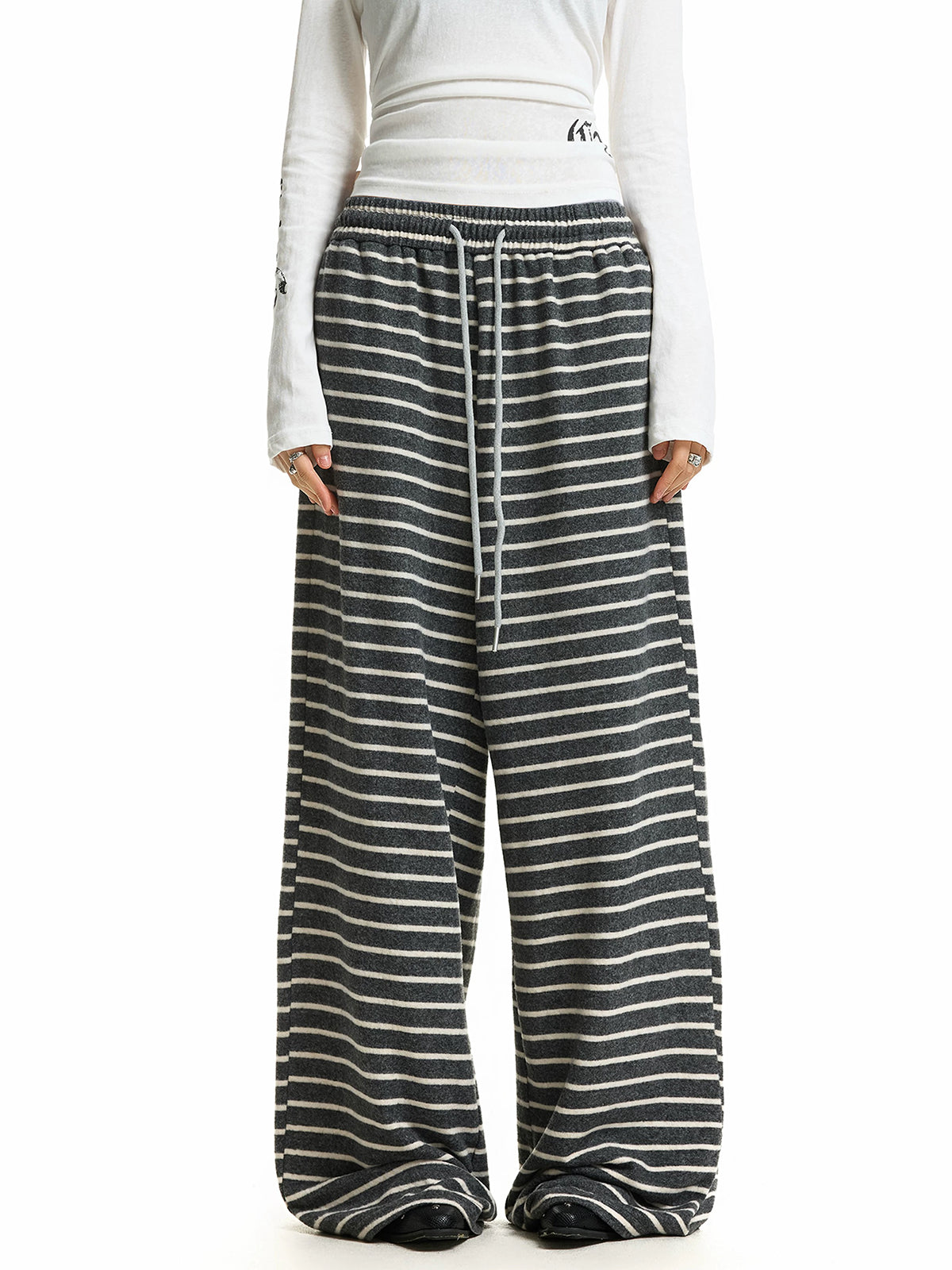 Brick Lane Fine Stripe Wide Leg Lounge Pants - Black