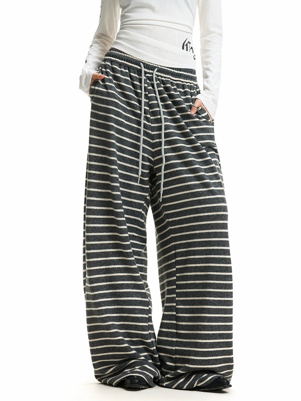 Brick Lane Fine Stripe Wide Leg Lounge Pants - Black