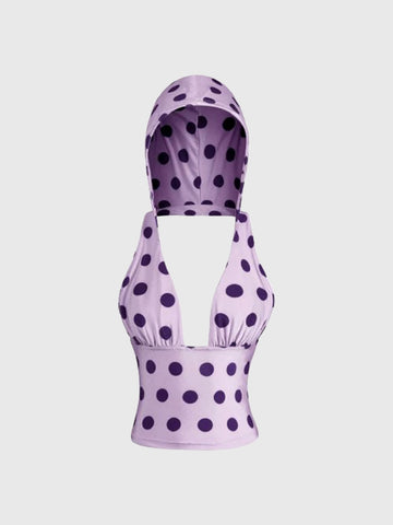 Brick Lane Polka Dot Hooded Halter Neck Top - Purple