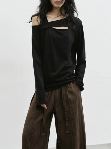 Dolled Office Off-Shoulder Cut Out Long Sleeve Top - Black