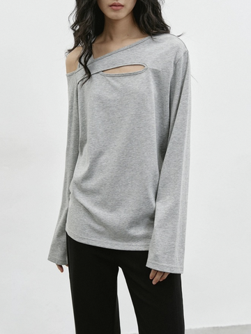 Dolled Office Off-Shoulder Cut Out Long Sleeve Top - Grey