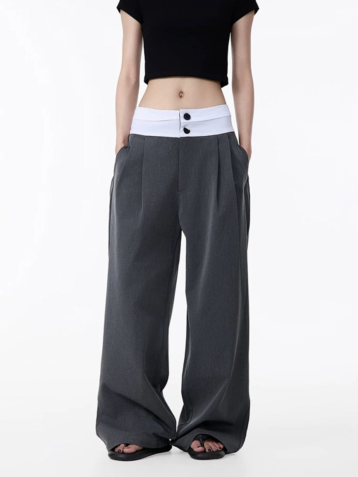 Brick Lane Fold-Over Waistband Wide Leg Pants - Grey