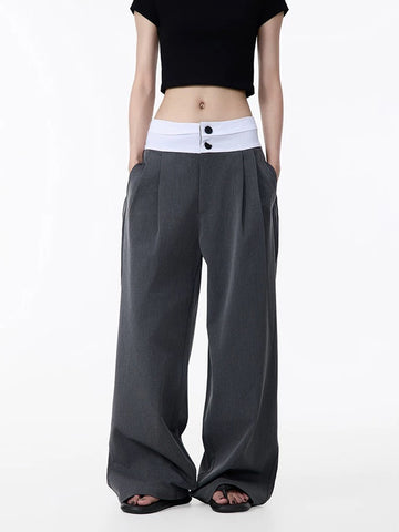 Brick Lane Fold-Over Waistband Wide Leg Pants - Grey