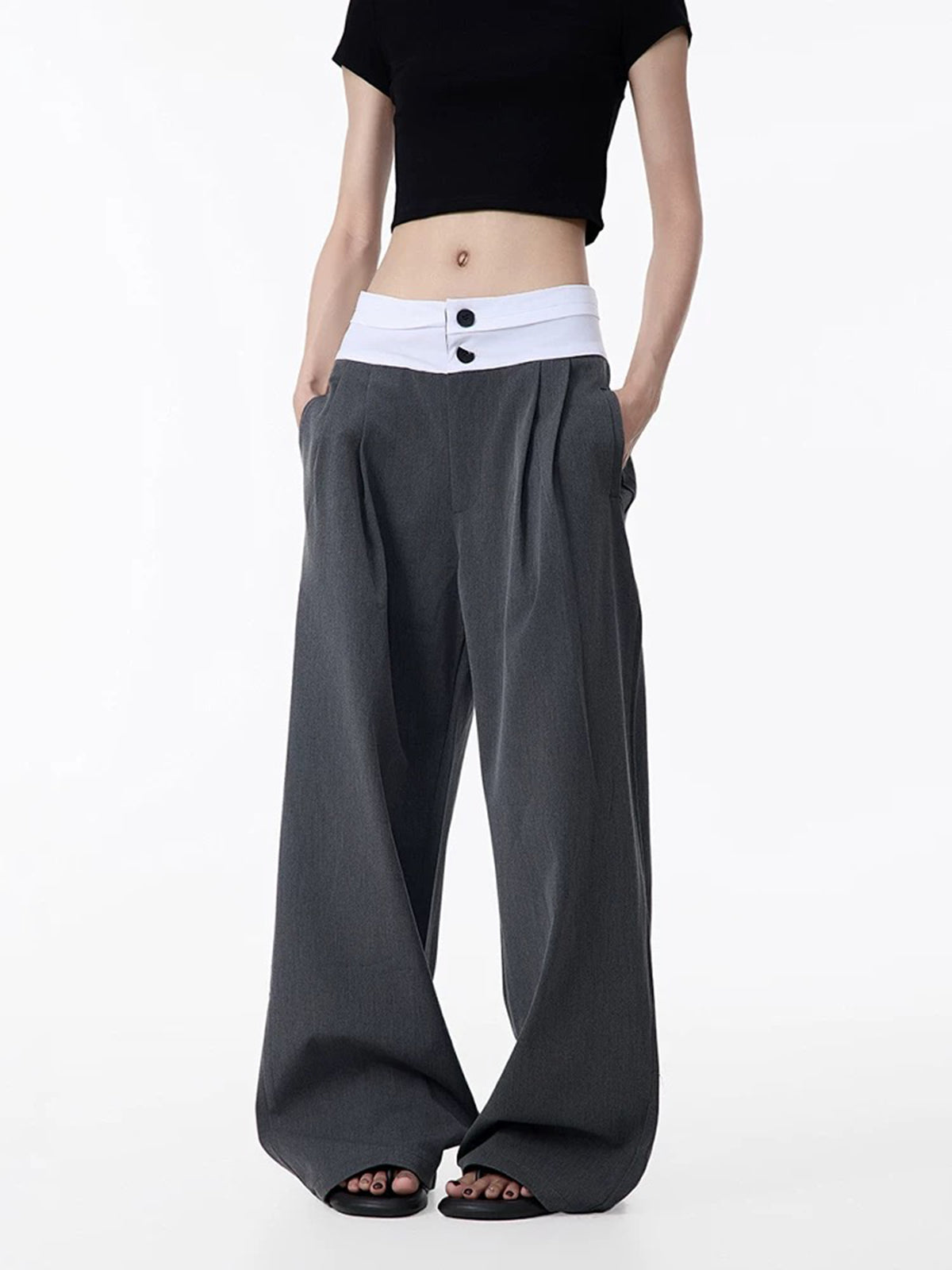 Brick Lane Fold-Over Waistband Wide Leg Pants - Grey