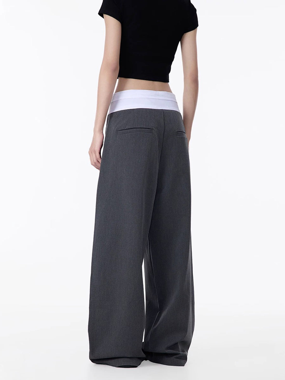 Brick Lane Fold-Over Waistband Wide Leg Pants - Grey