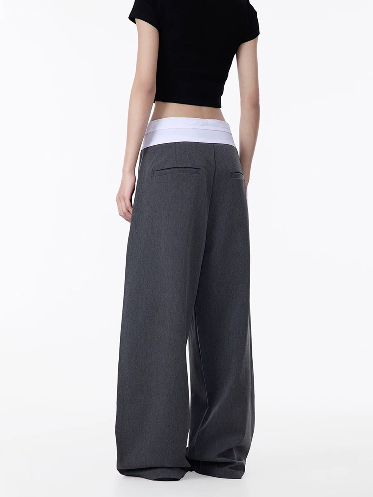 Brick Lane Fold-Over Waistband Wide Leg Pants - Grey
