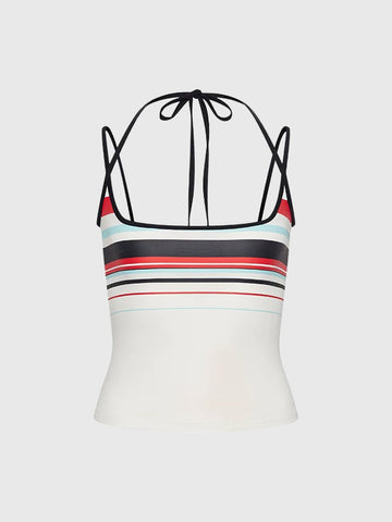 Brick Lane Stripe Halter Neck Sporty Top - White