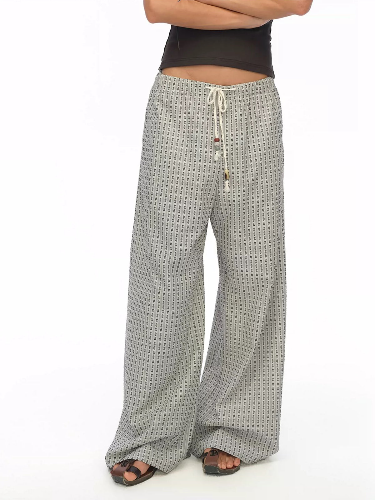 Brick Lane Geometric Print Drawstring Wide Leg Pants - Grey