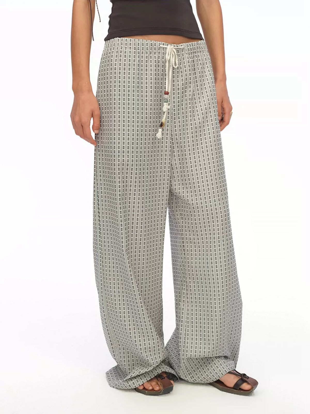 Brick Lane Geometric Print Drawstring Wide Leg Pants - Grey
