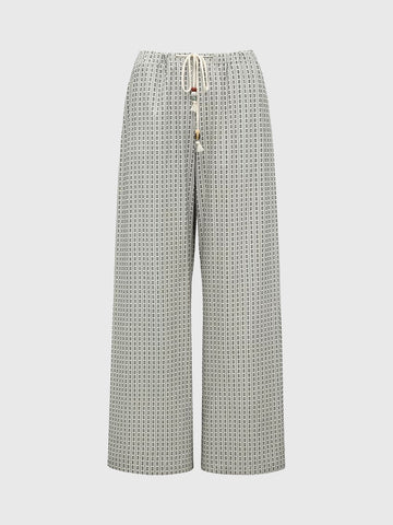 Brick Lane Geometric Print Drawstring Wide Leg Pants - Grey