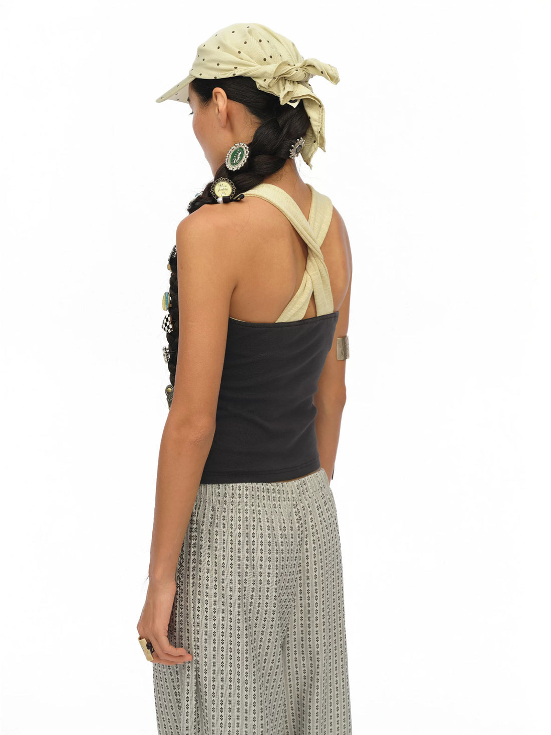 Brick Lane Contrast Ribbon Halter Neck Tank Top - Charcoal