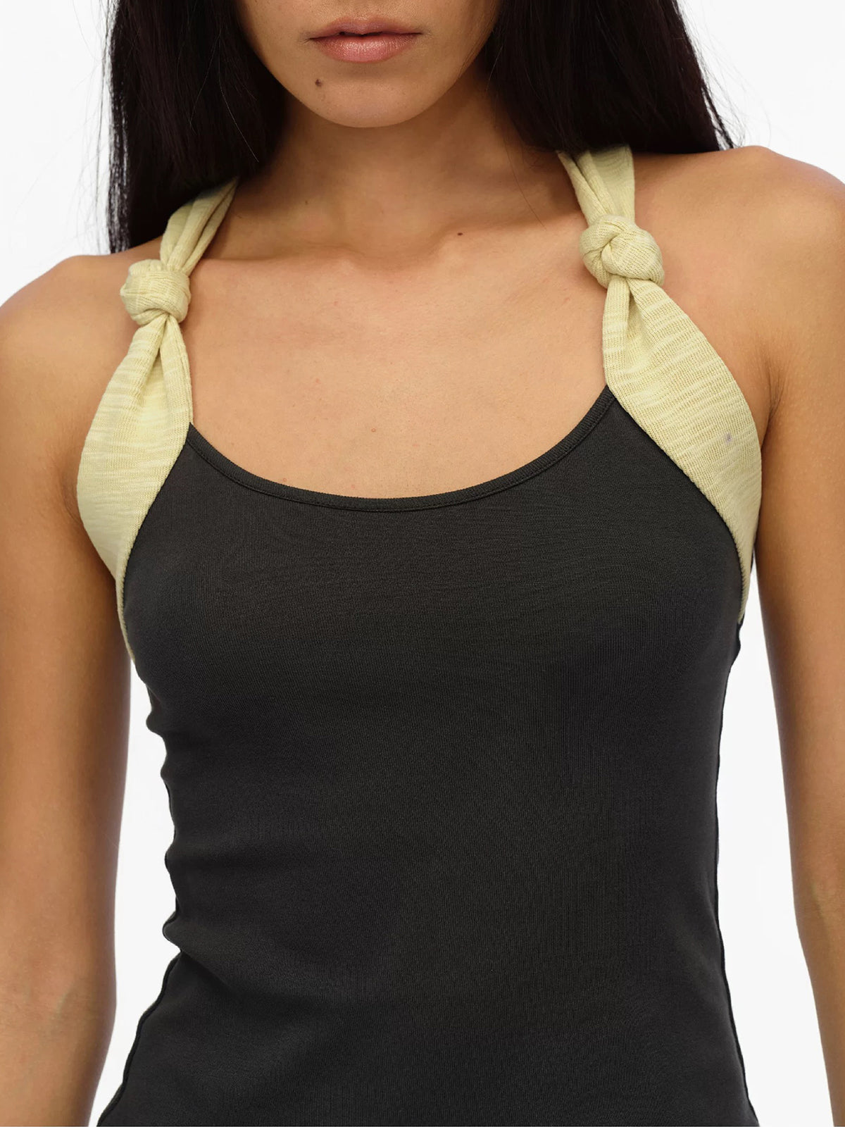 Brick Lane Contrast Ribbon Halter Neck Tank Top - Charcoal