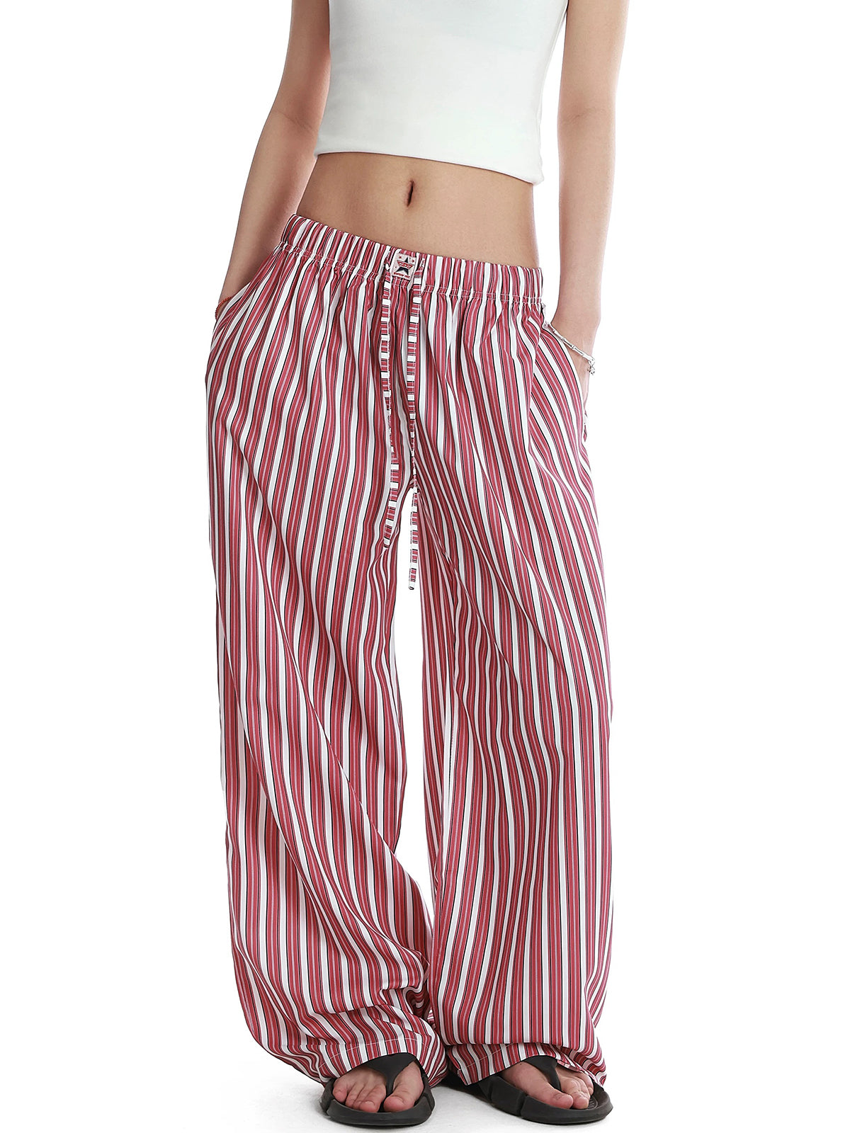 Brick Lane Vertical Stripe Wide Leg Lounge Pants - Red