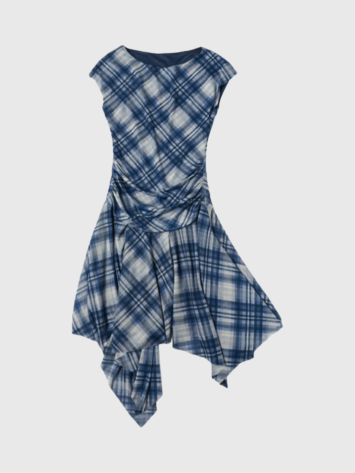 Dolled Office Skimming Check Asymmetric Hem Dress - Blue/White