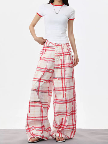 Brick Lane Wide Leg Tartan Plaid Lounge Pants - Red