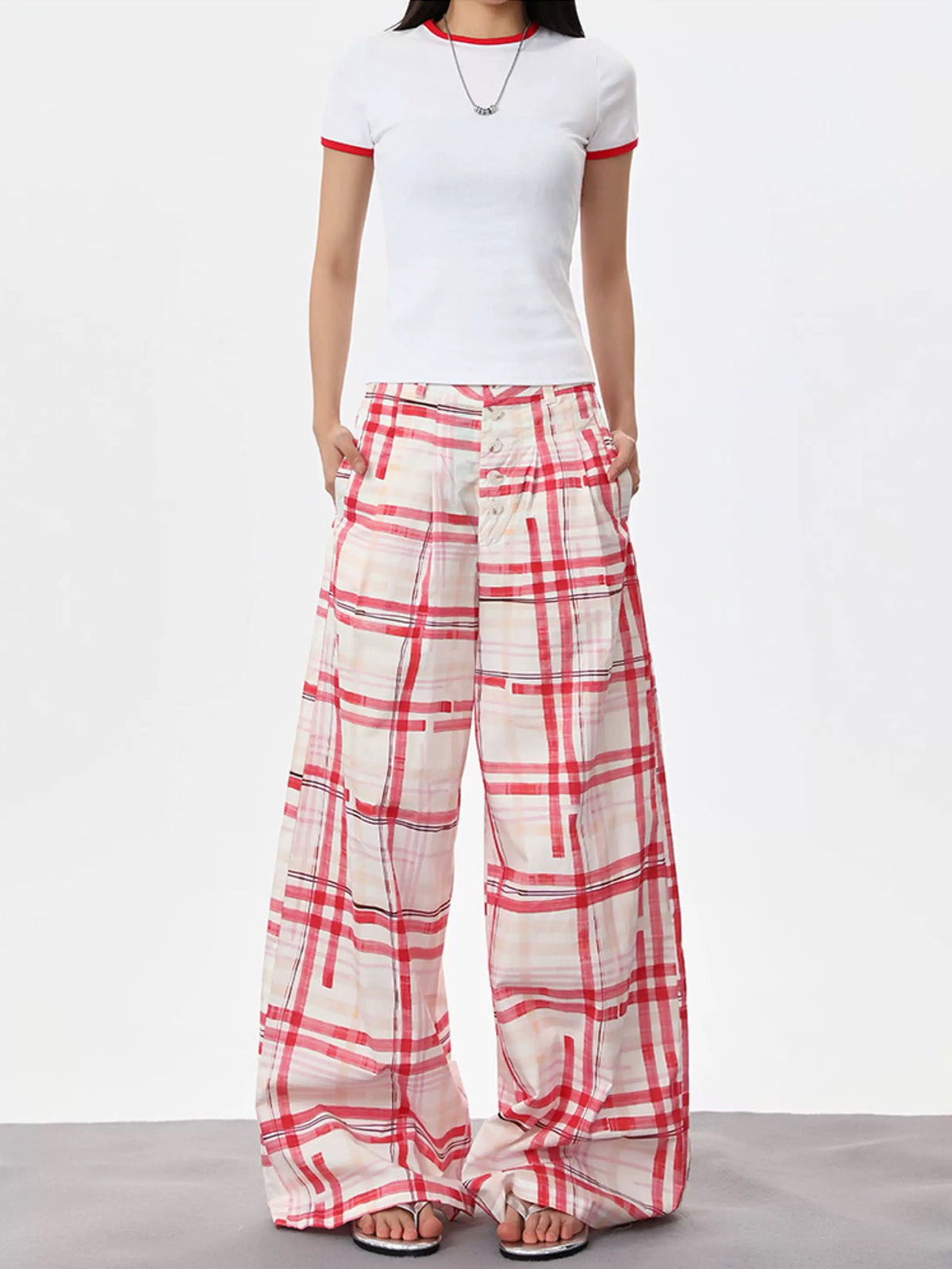 Brick Lane Wide Leg Tartan Plaid Lounge Pants - Red