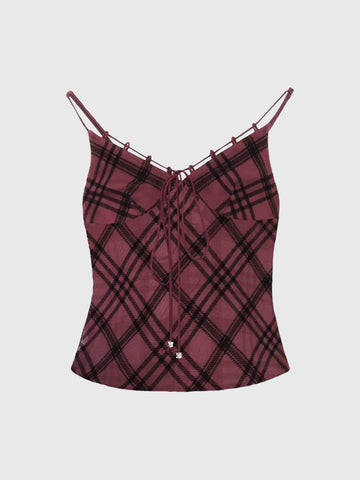 Brick Lane Plaid Lace Trim Cami Top - Burgundy