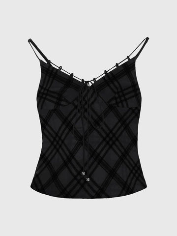 Brick Lane Plaid Lace Trim Cami Top - Black