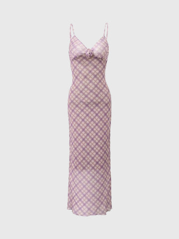 Dolled Office Argyle Plaid Lace Trim Cami Dress - Pink