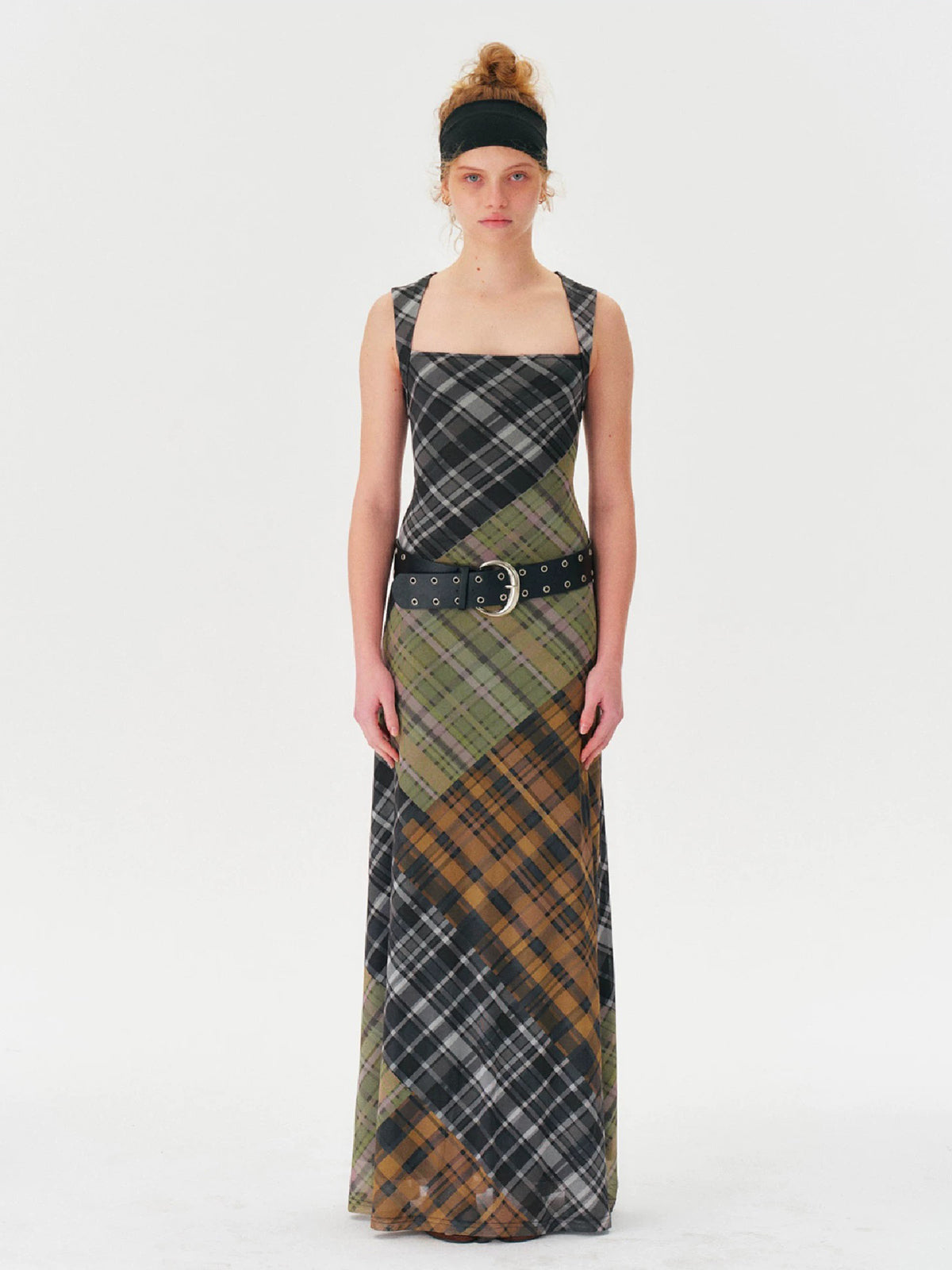 Brick Lane Patchwork Plaid Cut Out Maxi Dress - Multi