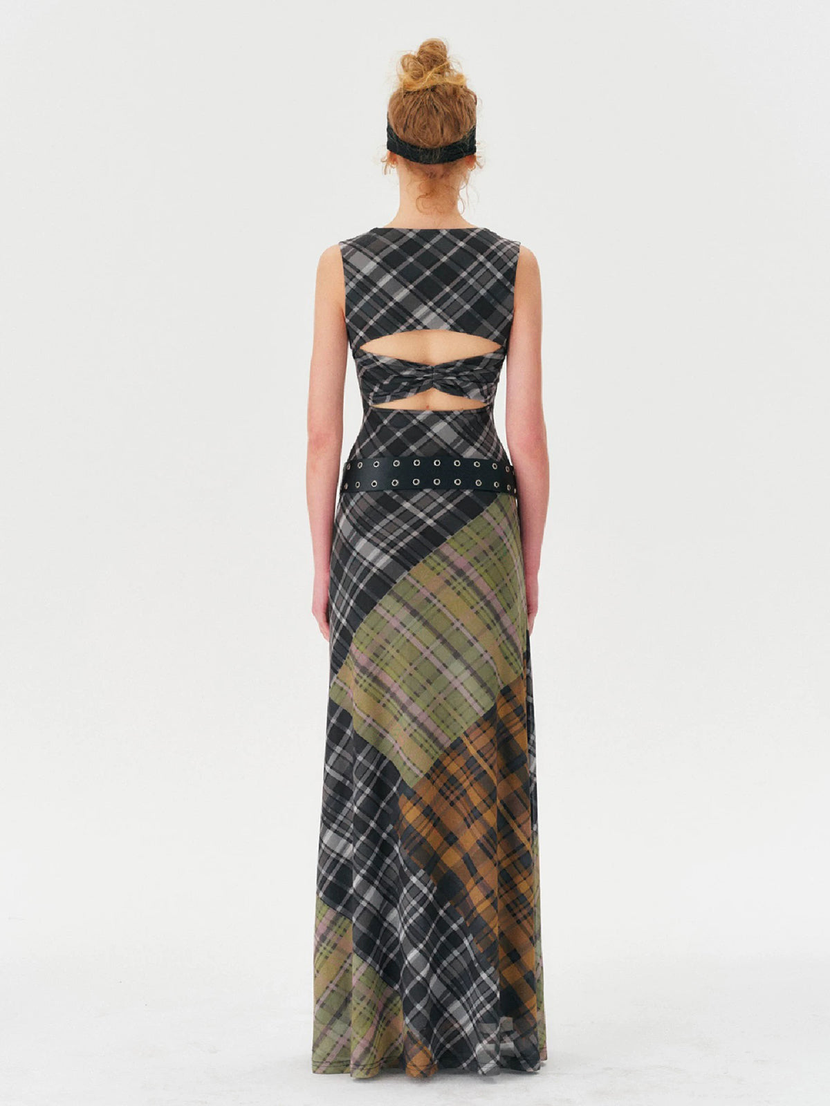 Brick Lane Patchwork Plaid Cut Out Maxi Dress - Multi