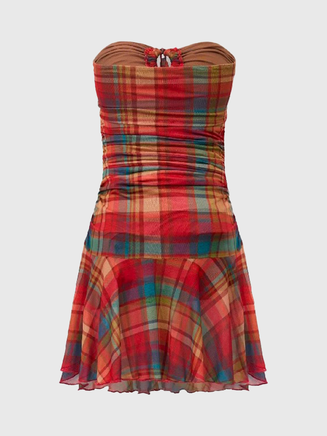 Dolled Office Plaid Ruched Strapless Mini Dress - Red