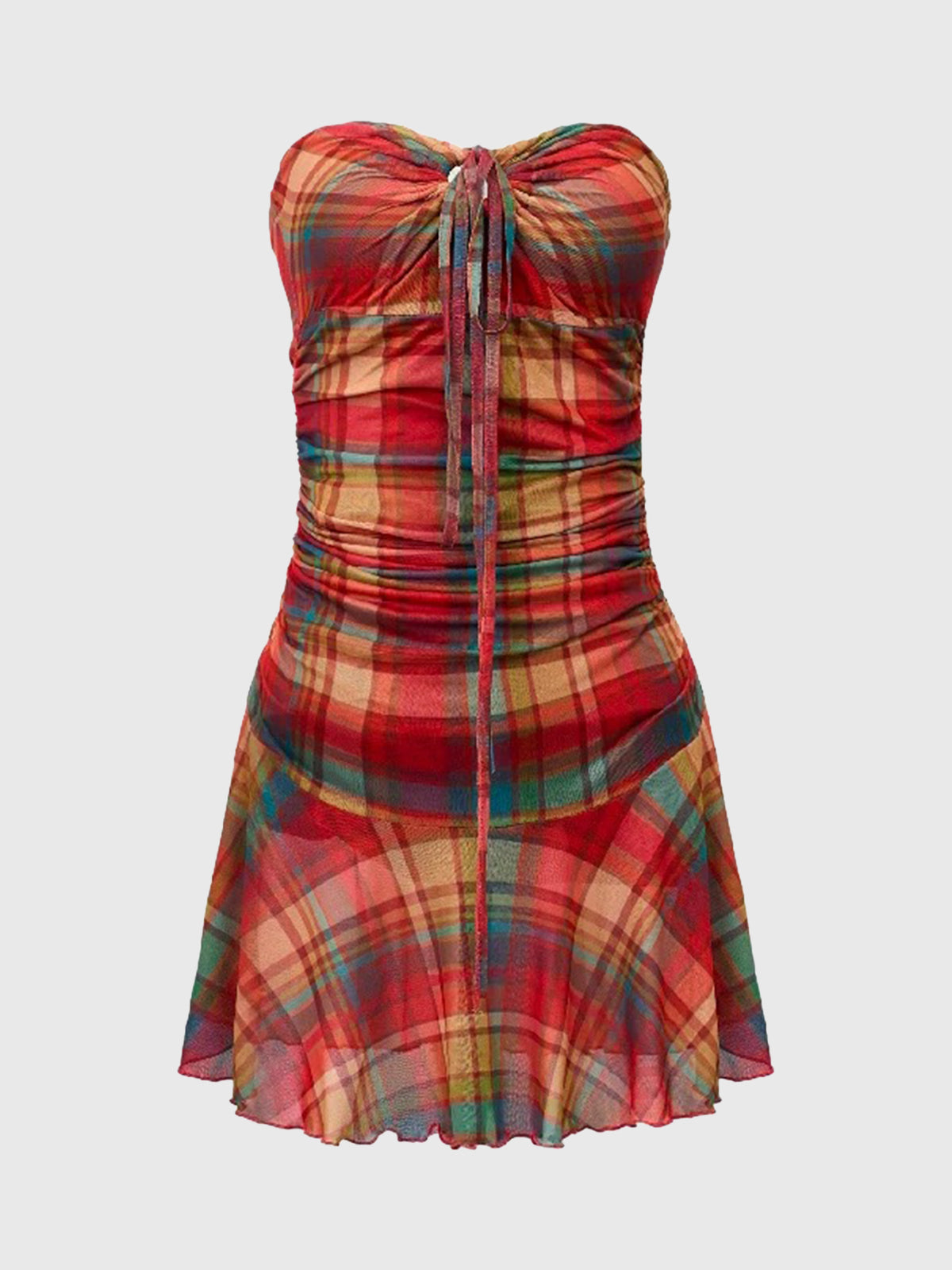 Dolled Office Plaid Ruched Strapless Mini Dress - Red