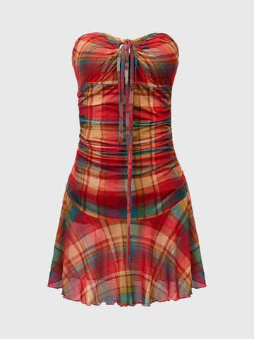 Dolled Office Plaid Ruched Strapless Mini Dress - Red