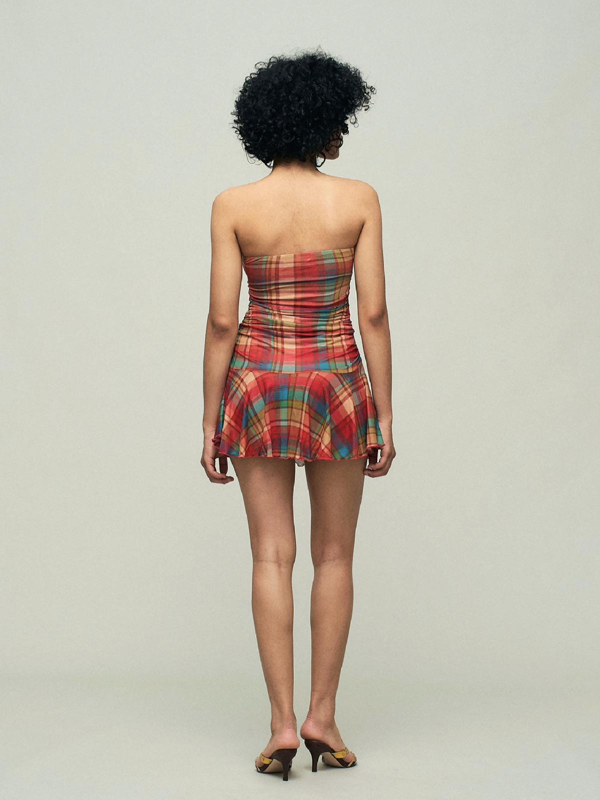 Dolled Office Plaid Ruched Strapless Mini Dress - Red