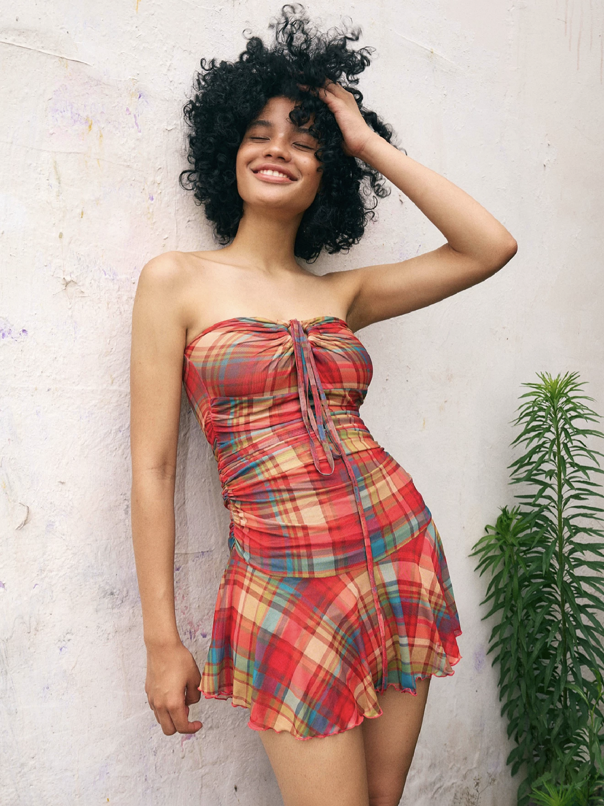 Dolled Office Plaid Ruched Strapless Mini Dress - Red