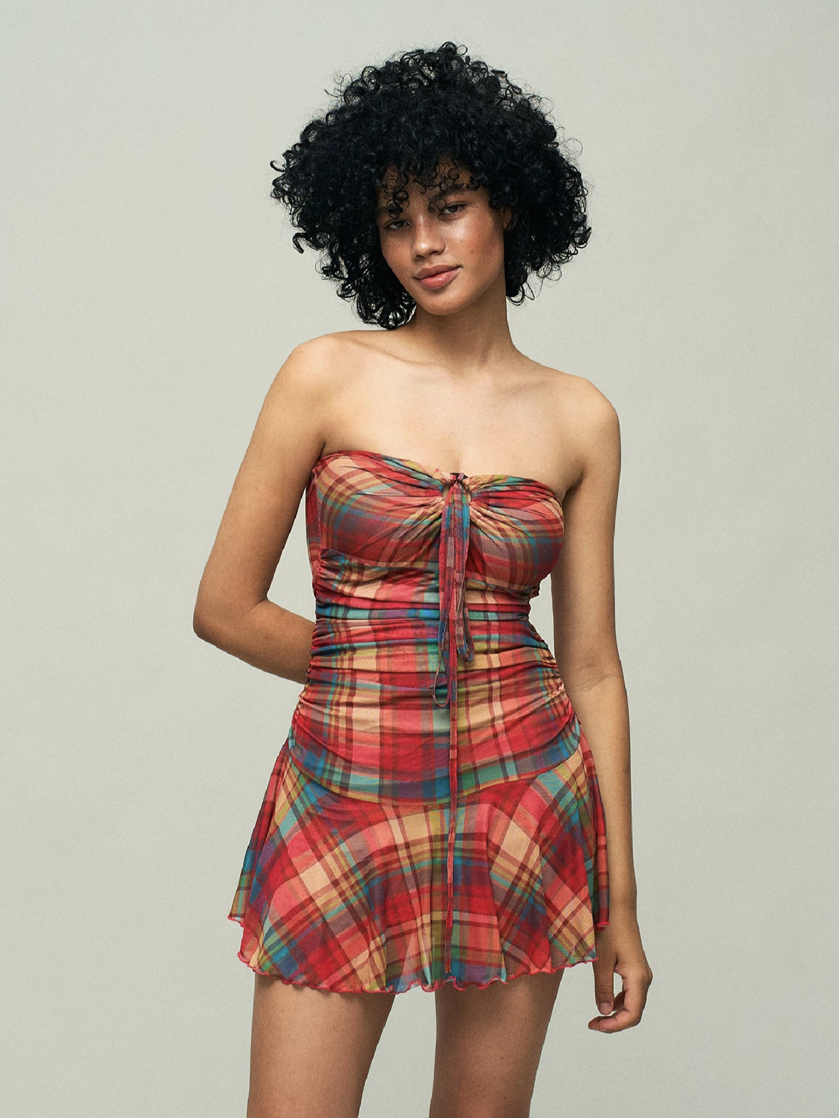 Dolled Office Plaid Ruched Strapless Mini Dress - Red