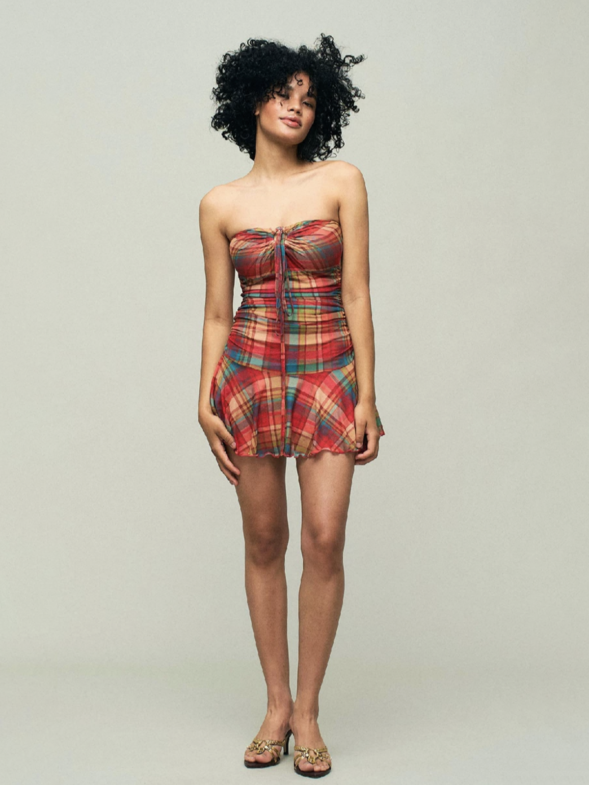 Dolled Office Plaid Ruched Strapless Mini Dress - Red
