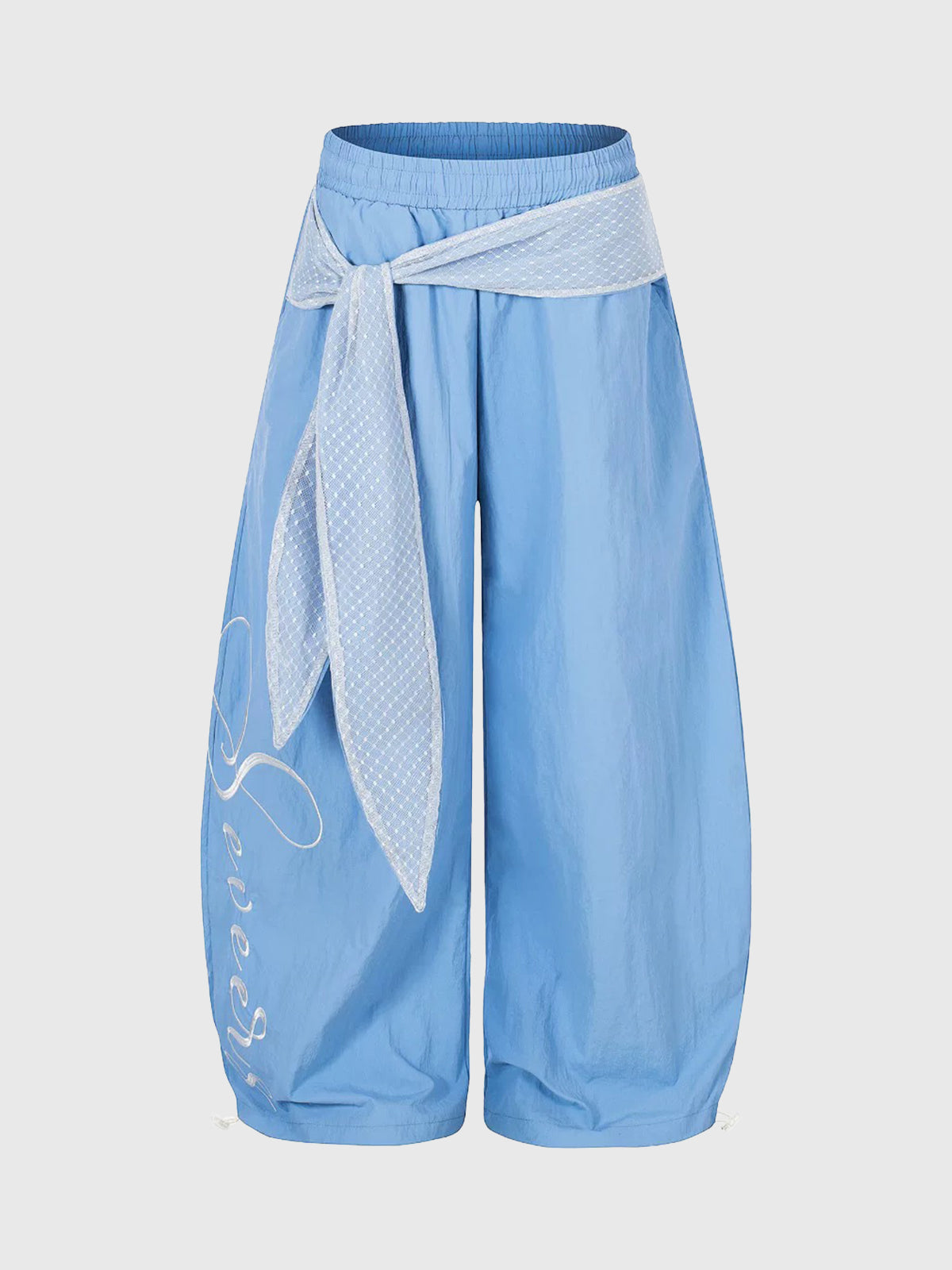 Brick Lane Curved Cut Lace Bow Wide Leg Pants - Blue