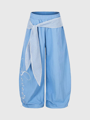 Brick Lane Curved Cut Lace Bow Wide Leg Pants - Blue