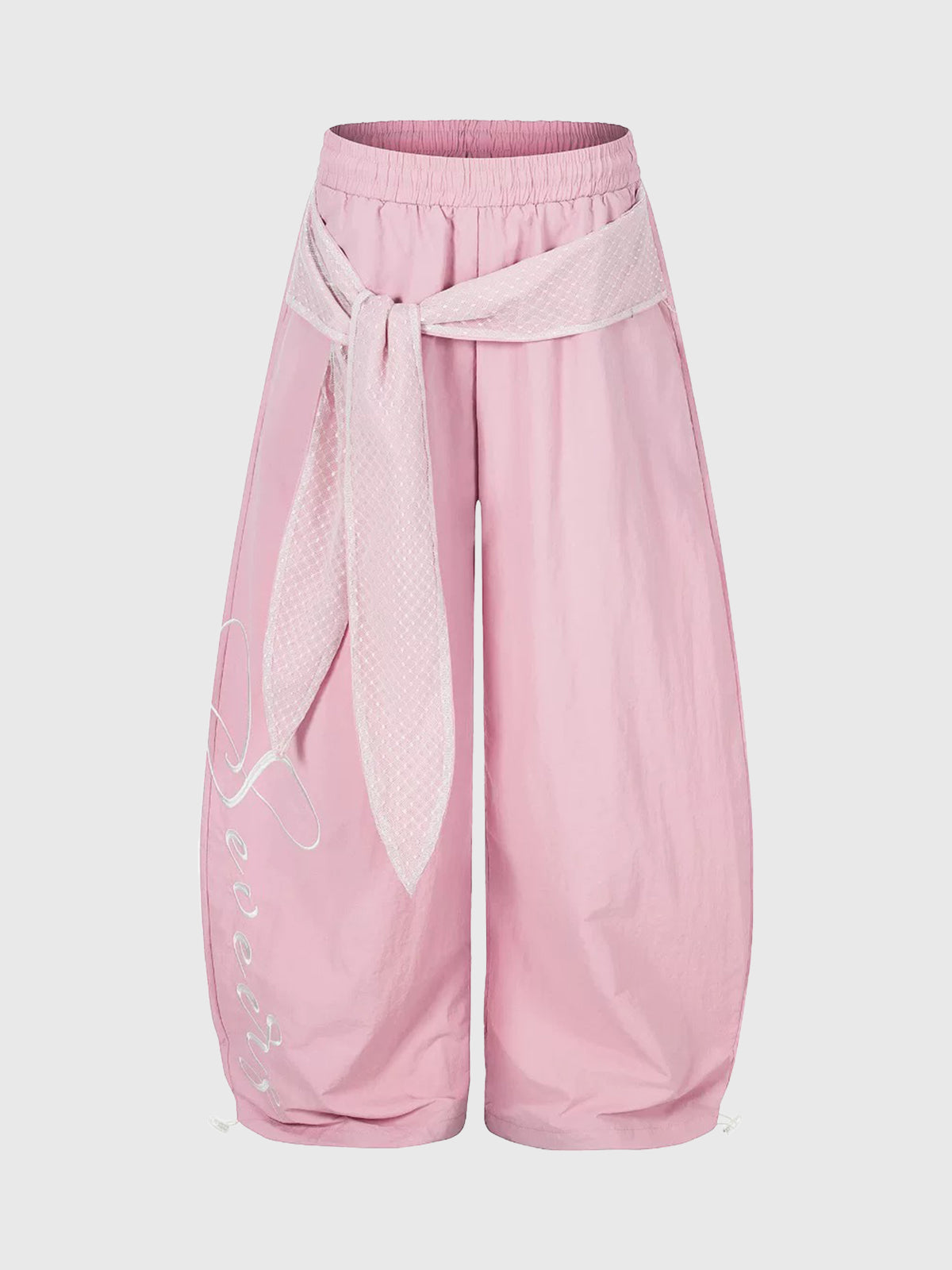 Brick Lane Curved Cut Lace Bow Wide Leg Pants - Pink