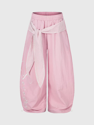 Brick Lane Curved Cut Lace Bow Wide Leg Pants - Pink