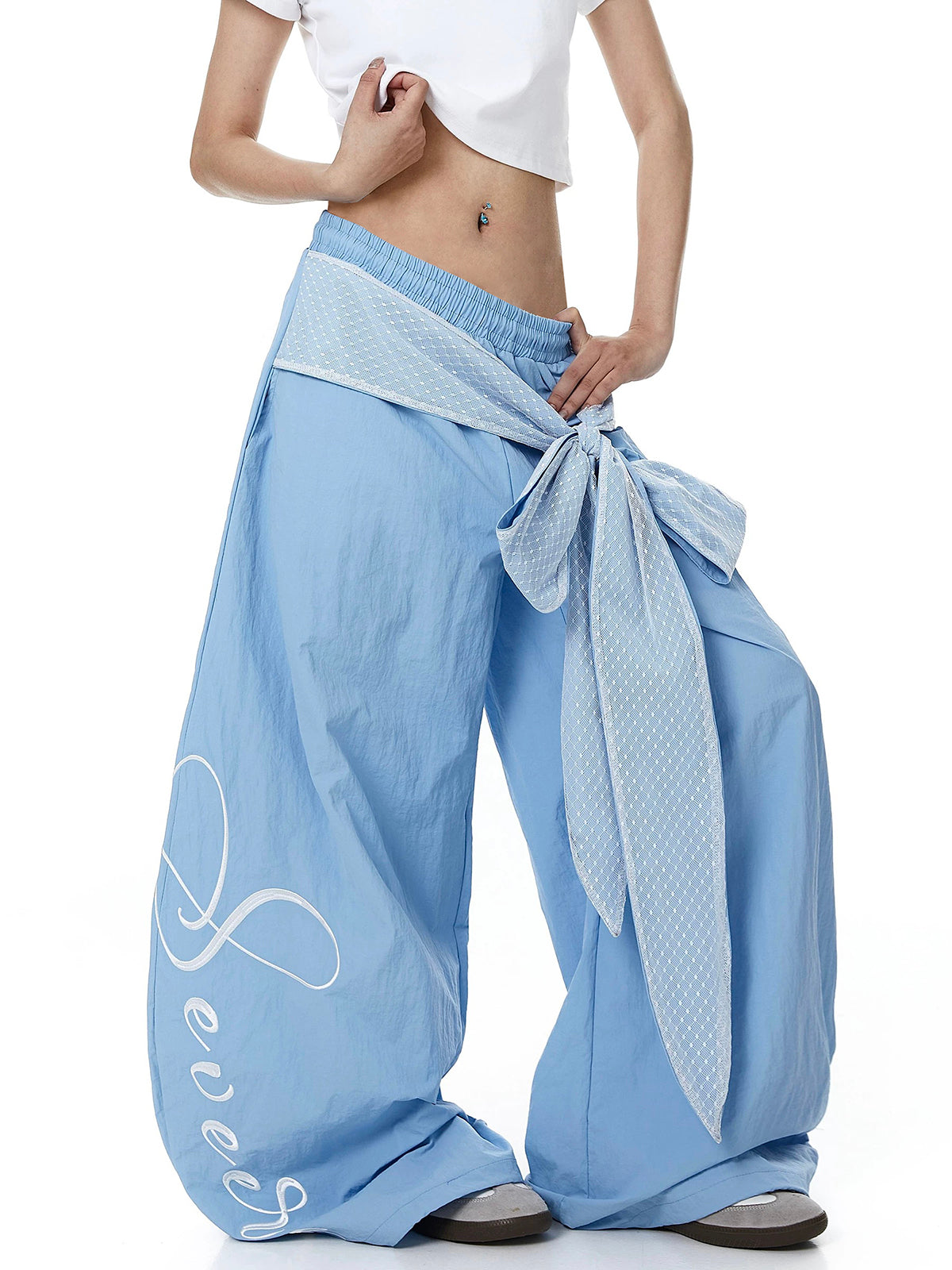 Brick Lane Curved Cut Lace Bow Wide Leg Pants - Blue
