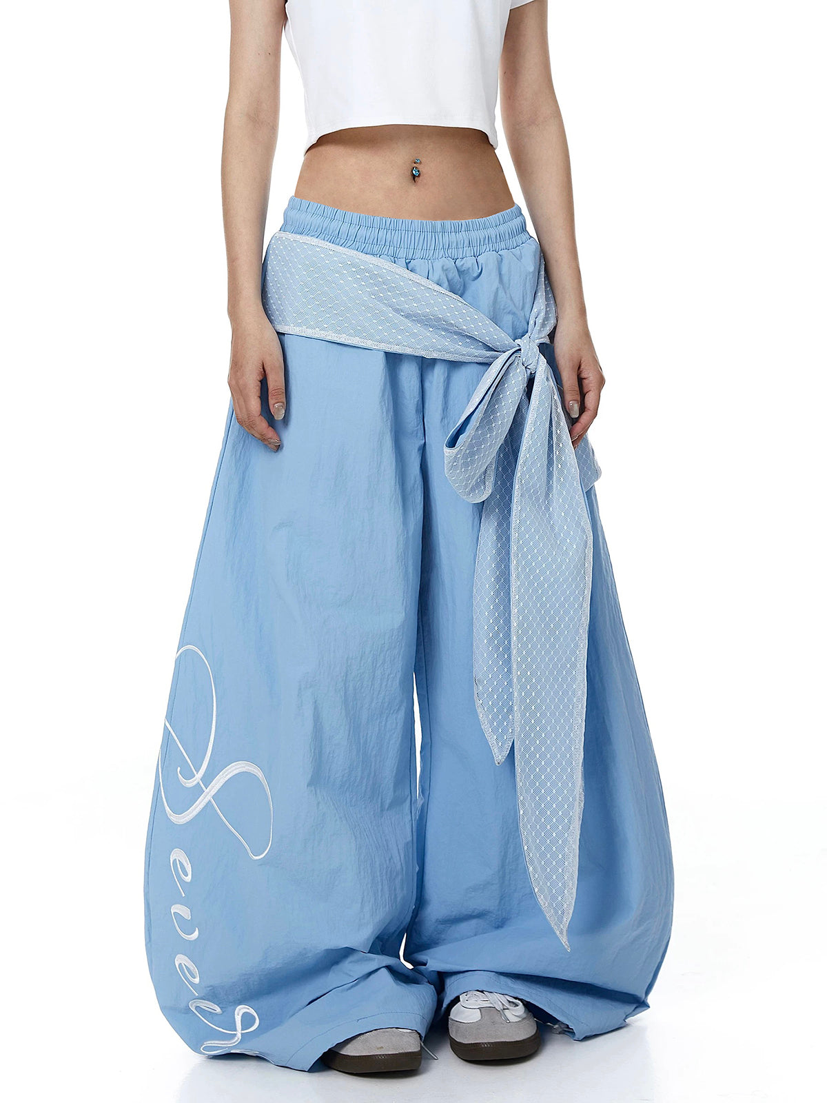 Brick Lane Curved Cut Lace Bow Wide Leg Pants - Blue