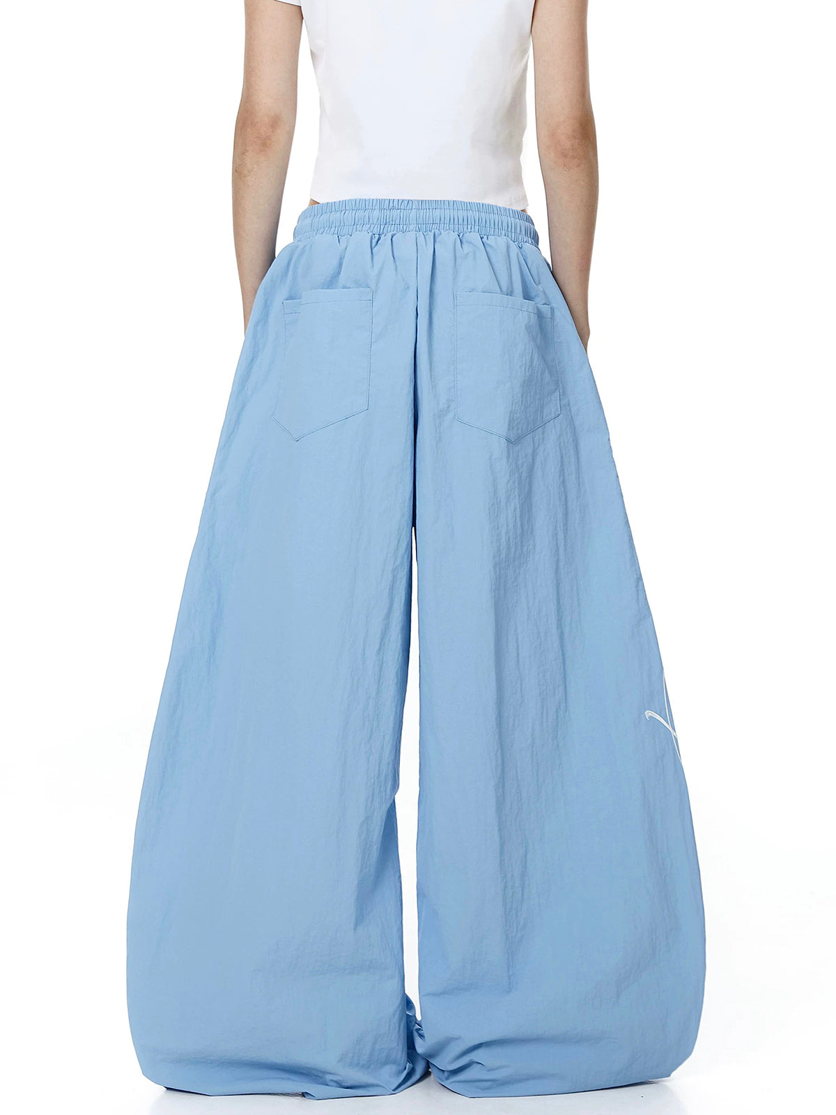 Brick Lane Curved Cut Lace Bow Wide Leg Pants - Blue